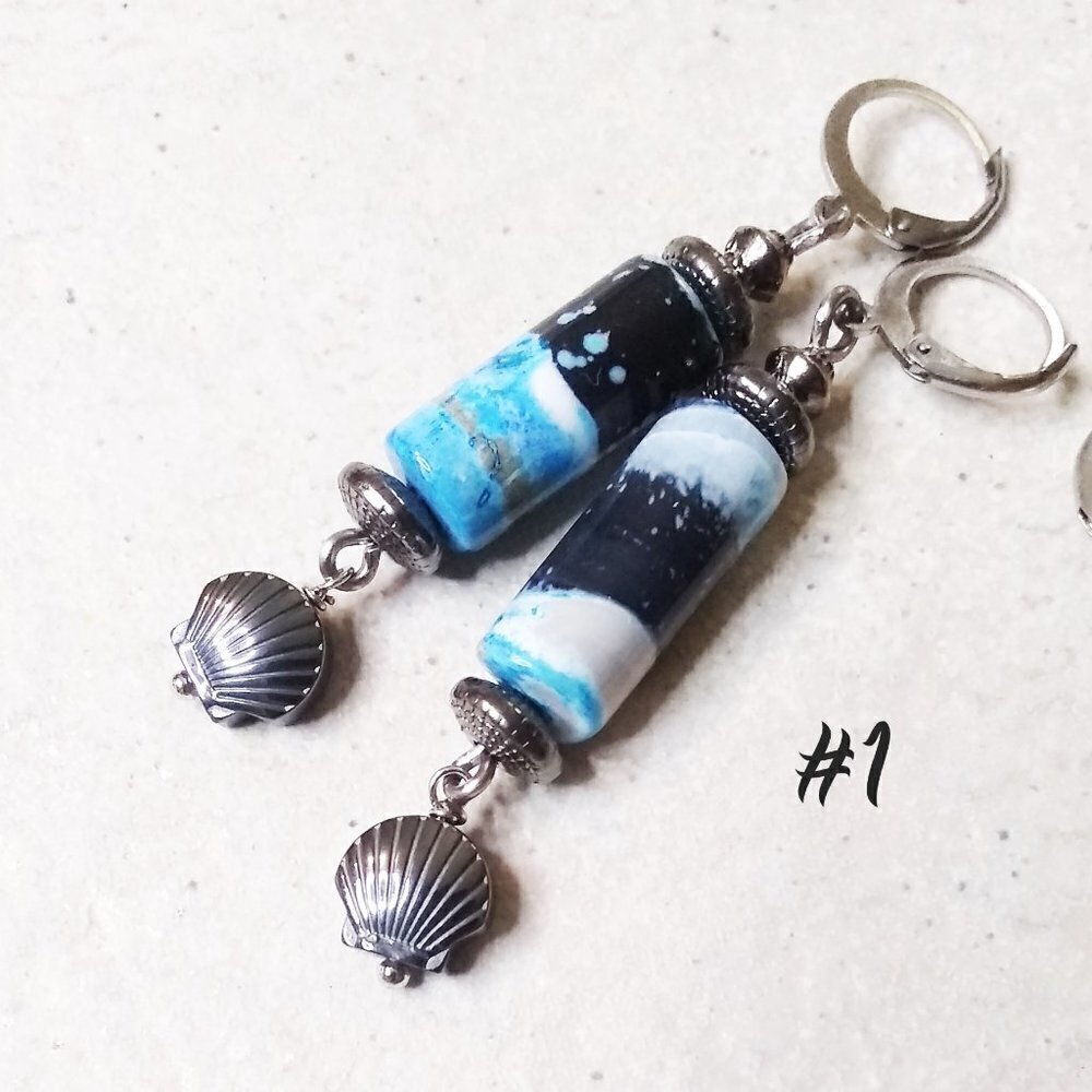 SURF'S UP! One-of-a-kind! Blue & Gray Agate + Hematite Shell Beaded Earrings